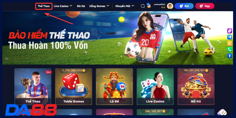 Bạn chọn danh mục thể thao tại DA88